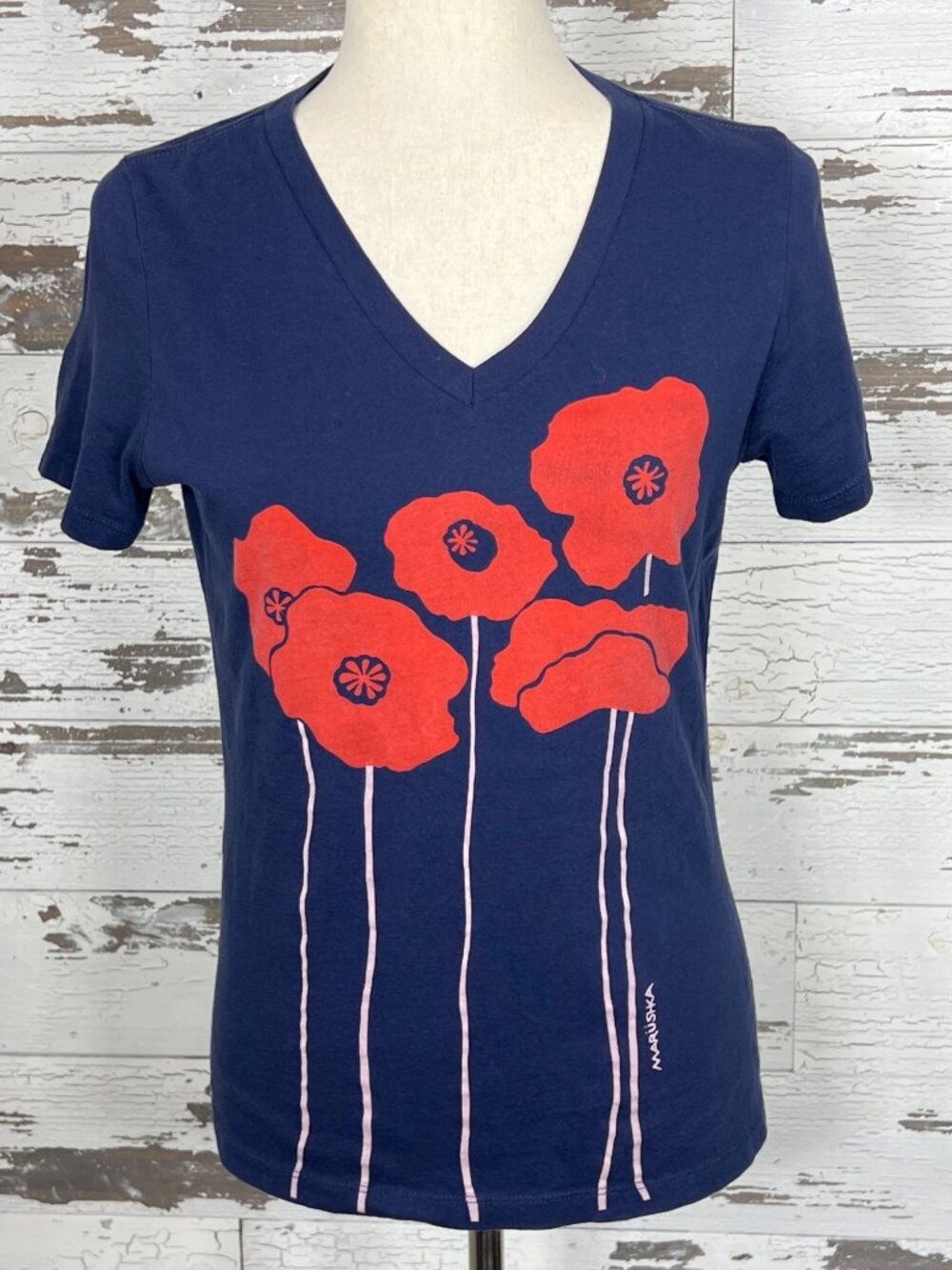 MARUSHKA Hand Painted Poppies T Shirt V-neck Short Sleeve Navy Sz S NWOT
